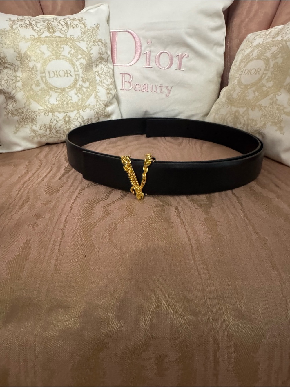 Versace Virtus Black Leather Belt with Gold Buckle